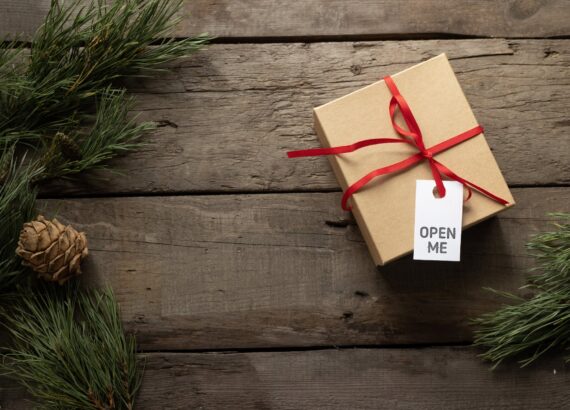 organic gift box with inscription on tag during festive event